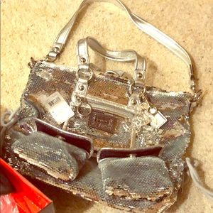 Silver sequin coach bag